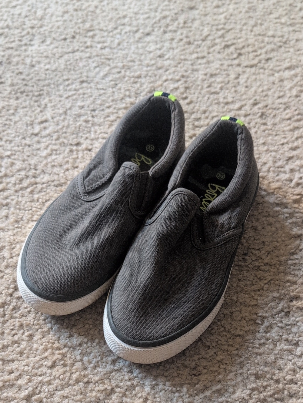 Boden Kids Charcoal Gray Slip-On Canvas Sneakers with Lime Accents